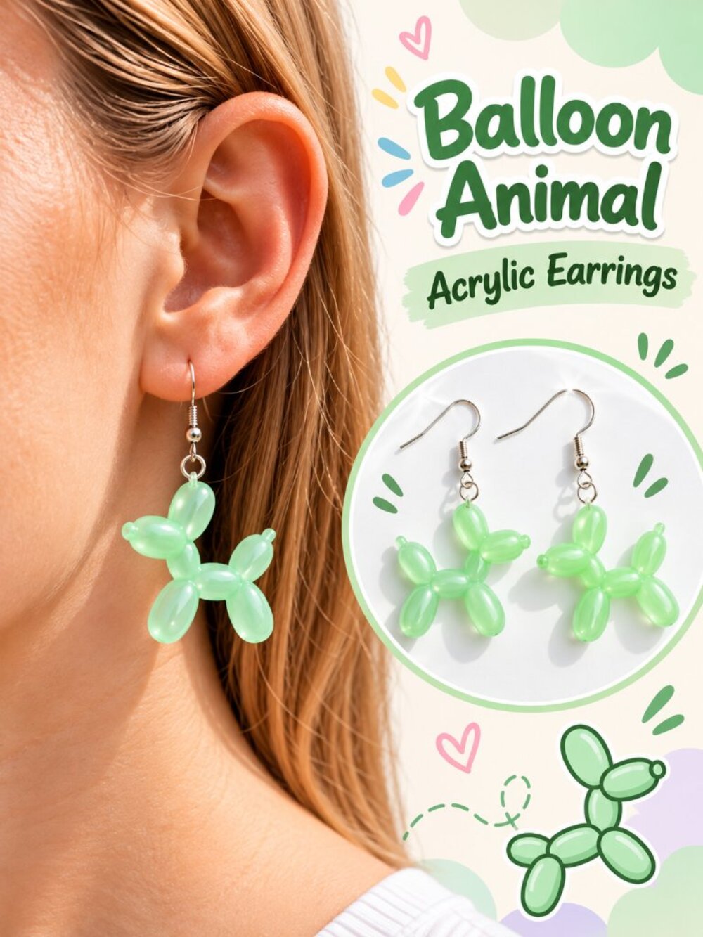 Colorful Balloon Animal Acrylic Earrings - Green